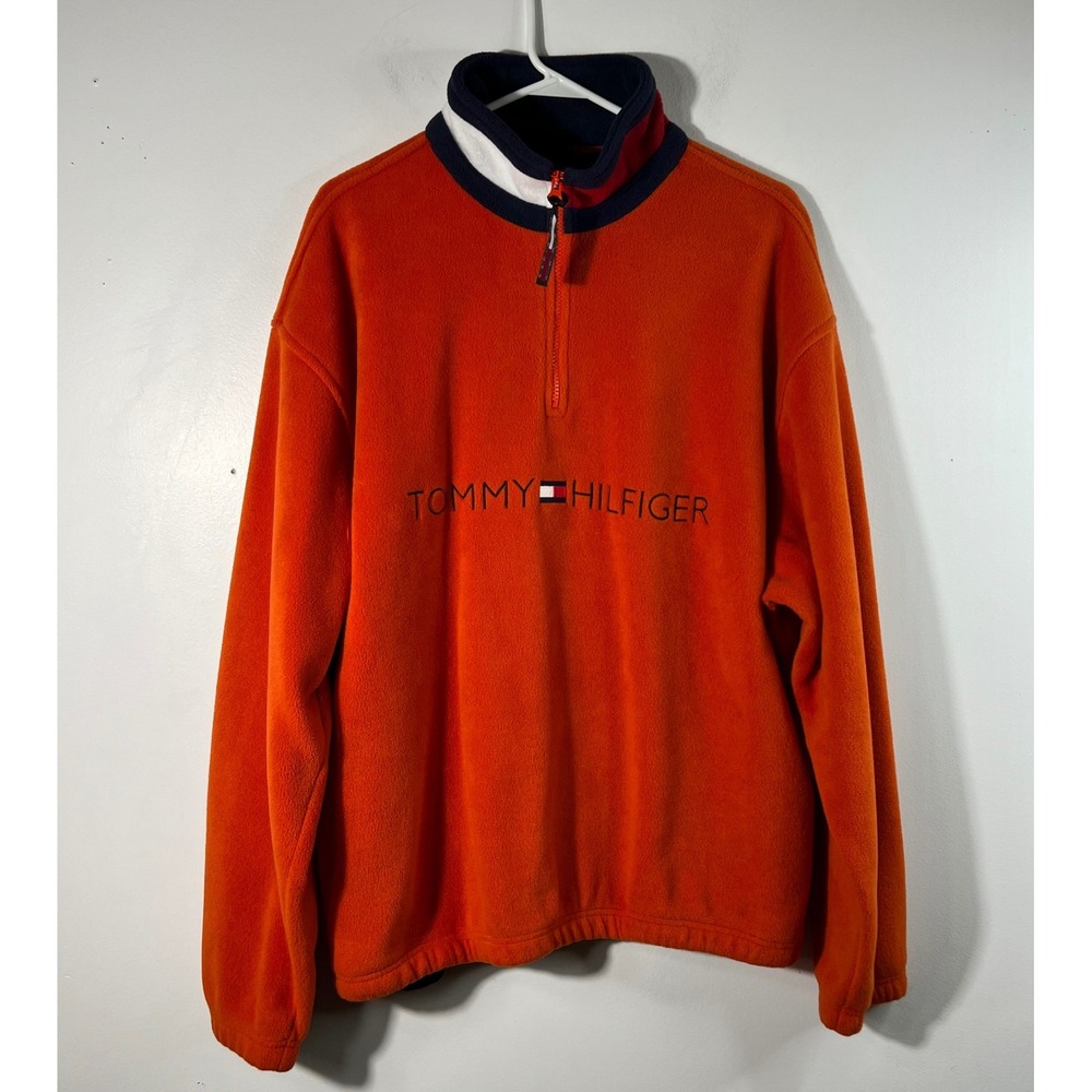Mens Vintage Tommy Hilfiger Fleece Pullover Jacket Orange L Polyester